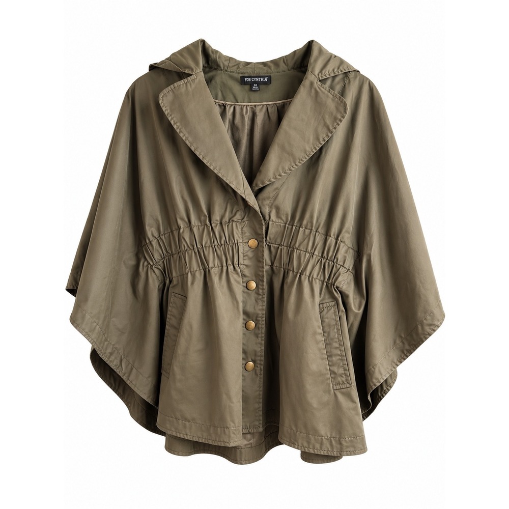 For Cynthia Women's Medium Olive Hooded Cape Poncho Jacket Cinched Waist